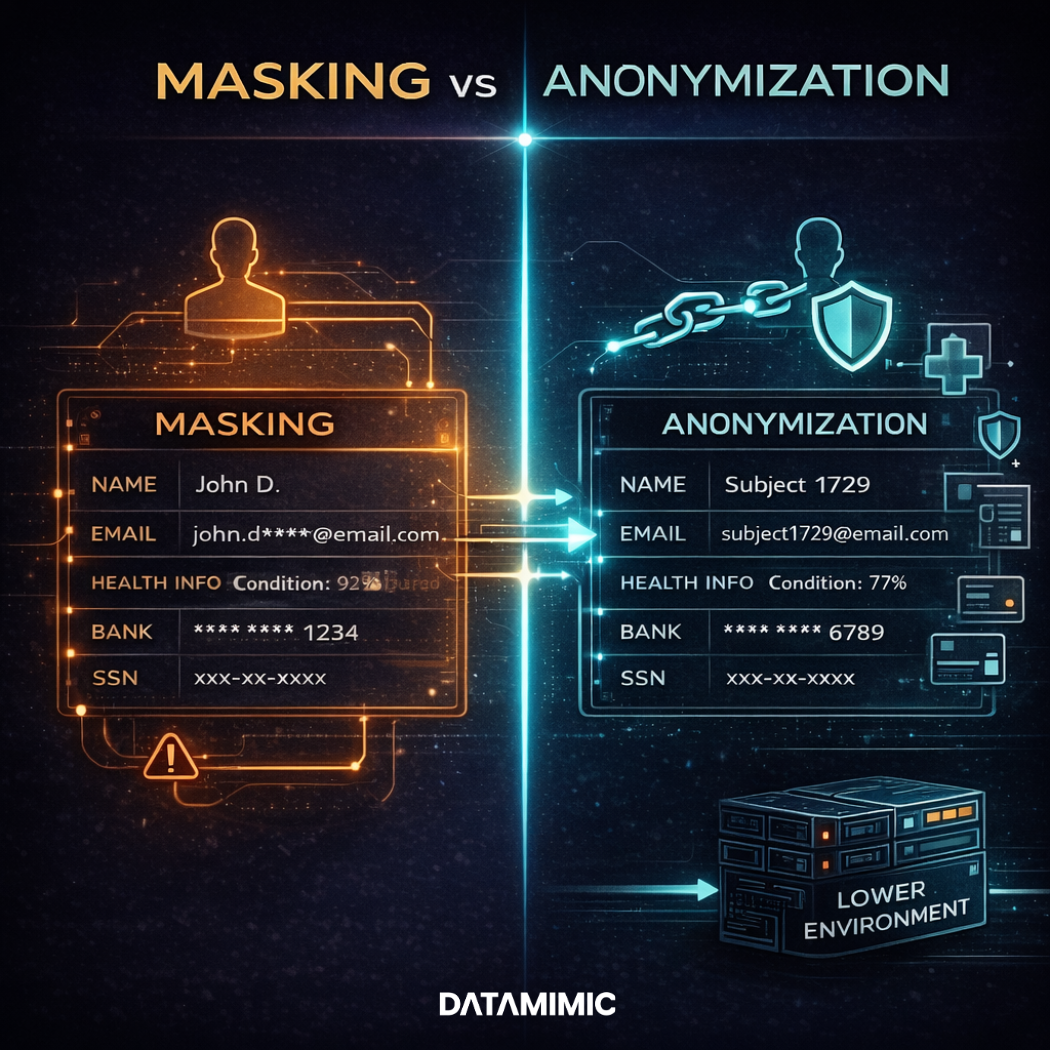 Comparison graphic showing masking versus anonymization, with masked personal records on one side and privacy-protected anonymized records on the other to illustrate different levels of identity protection.