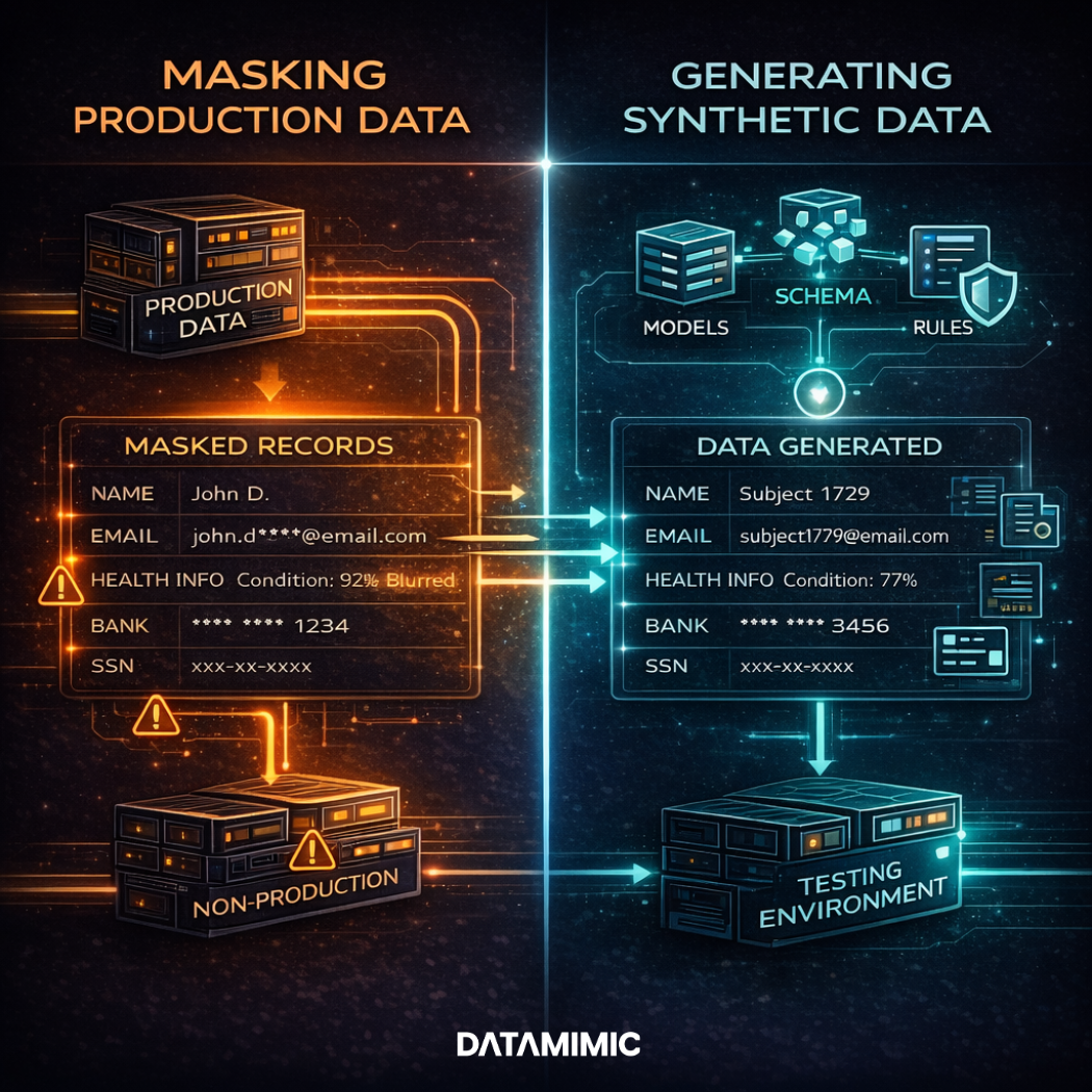 Side-by-side illustration comparing masking production data with generating synthetic data, showing masked records copied from production on one side and model-driven synthetic data generated for testing on the other.
