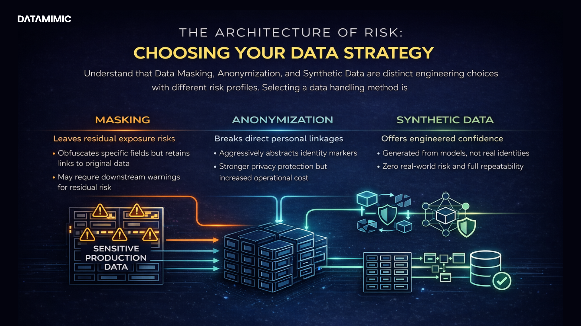 Horizontal infographic on a dark blue background titled “THE ARCHITECTURE OF RISK: CHOOSING YOUR DATA STRATEGY.” A subtitle explains that data masking, anonymization, and synthetic data are distinct engineering choices with different risk profiles. The graphic is divided into three labeled sections: “MASKING” in orange, “ANONYMIZATION” in teal, and “SYNTHETIC DATA” in light green. Each section includes short bullet points describing its characteristics. Along the bottom, a visual flow starts from a block labeled “SENSITIVE PRODUCTION DATA,” then branches into connected system icons representing the three strategies: warning-marked masked data for masking, shield and network icons for anonymization, and structured data with a verified database icon for synthetic data. The design uses glowing blue, teal, and orange connector lines in a clean enterprise technology style.