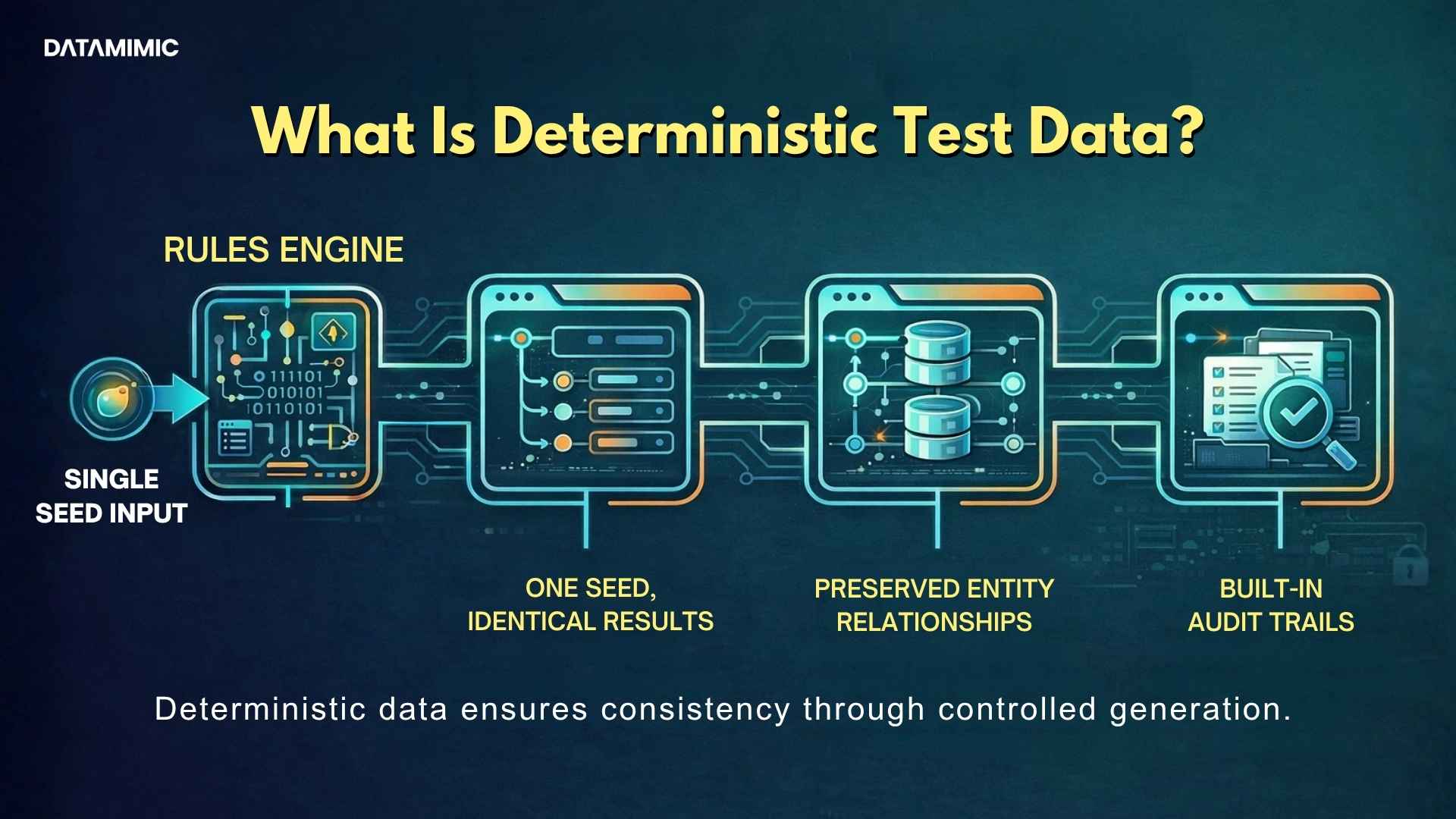 Blog banner about The core concept of deterministic test data generation involves using one rules engine and one seed input to consistently produce multiple identical, validated outputs. This process directs the generated data into a controlled non-production environment. Additionally, it focuses on maintaining structured payloads and preserving entity relationships, while providing audit trails that are especially important for regulated teams