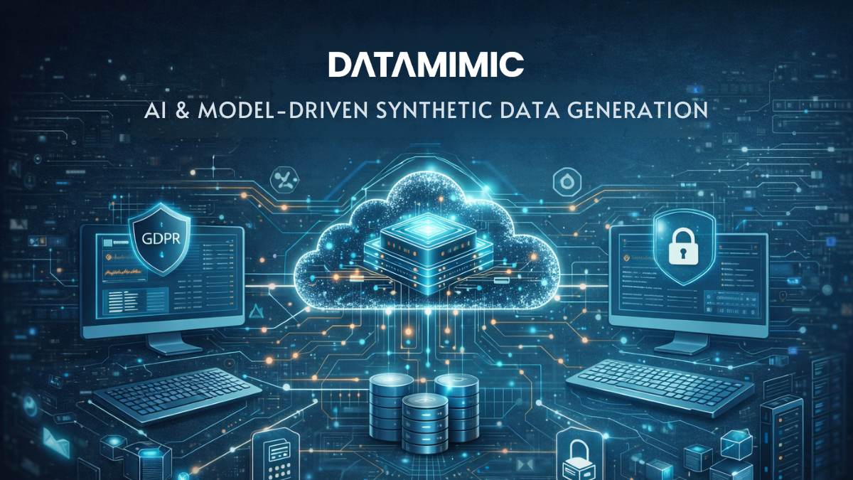 Futuristic technology illustration showing a central cloud platform connected to secure monitors, databases, and privacy icons, representing DATAMIMIC’s synthetic test data generation, anonymization, pseudonymization, and GDPR-compliant deployment across cloud and on-premises environments.