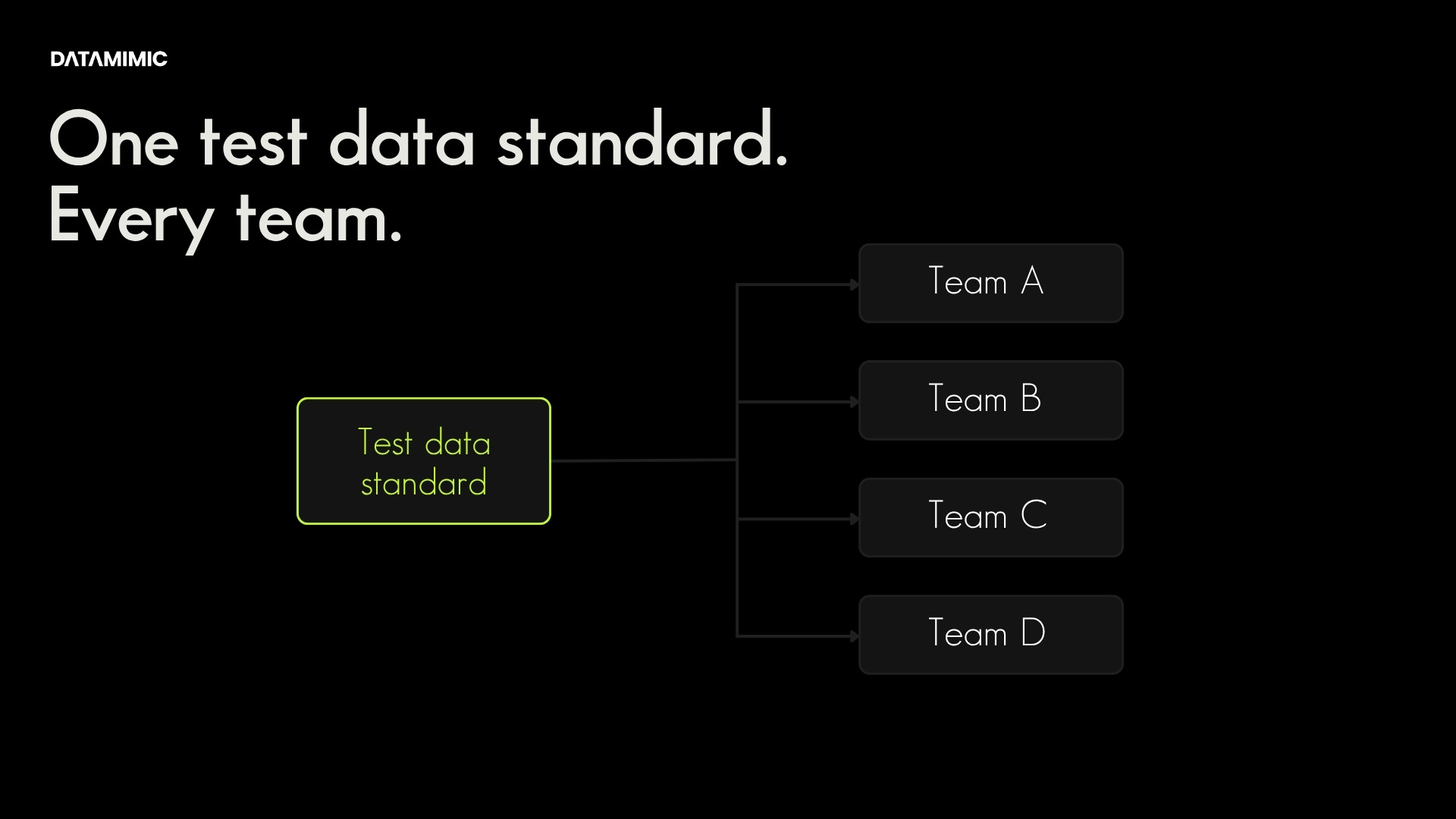 Thumbnail reading "One test data standard. Every team." beside an asymmetric hub-and-spoke diagram: a central lime-green "TEST DATA STANDARD" node connected by straight lines to five gray team nodes, representing one governed model serving every team