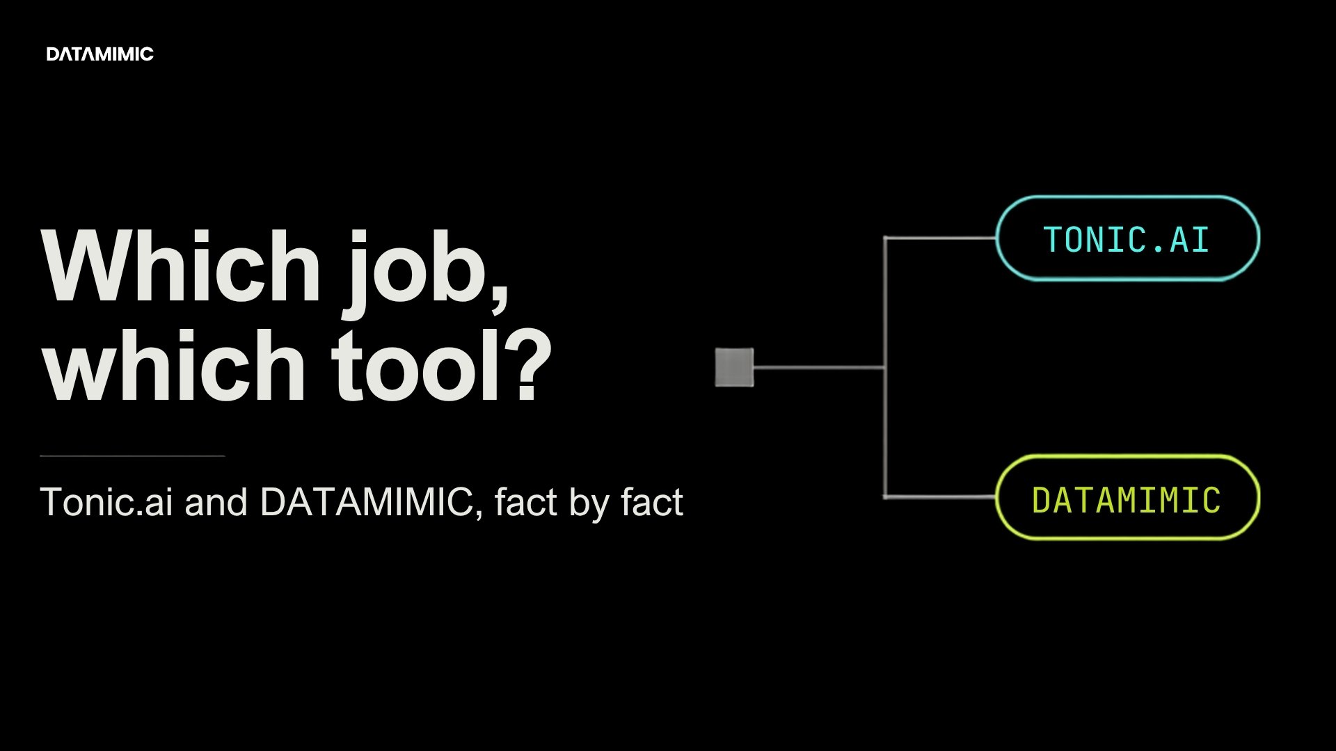 Tonic AI competitor comparison thumbnail — the headline "Which job, which tool?" beside a fork diagram routing one requirement to two labelled options, Tonic.ai and DATAMIMIC.