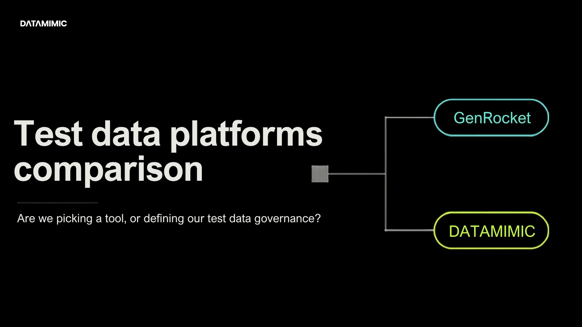 An infographic thumbnail on a pure black background. At the top left is a small white 'DATAMIMIC' logo. The main white sans-serif headline reads: 'Test data platforms comparison', with a sub-headline below: 'Are we picking a tool, or defining our test data governance?'. On the right, a flowchart diagram shows a central grey point with branching lines. One path leads to an oval with a glowing teal border containing 'GenRocket'. The other path leads to an oval with a glowing neon yellow-green border containing 'DATAMIMIC'. The overall clean, technical style visualizes a choice between two platforms, framing it as a decision on governance strategy versus a simple tool selection