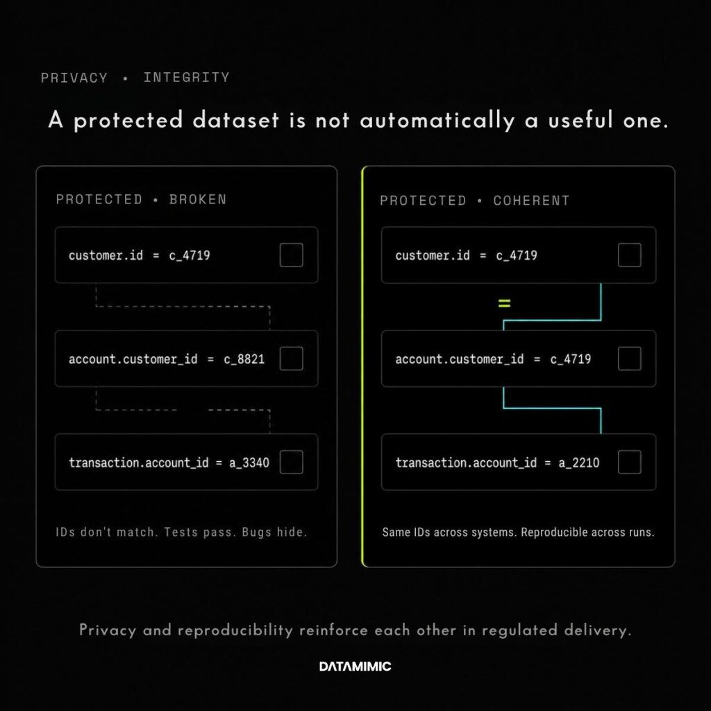 Two side-by-side data record sets on a dark background. The left set, labeled 'Protected · Broken,' shows mismatched customer, account, and transaction IDs with a broken connector. The right set, labeled 'Protected · Coherent,' shows matching IDs across systems connected by lime-green right-angle lines and a lime equals symbol.