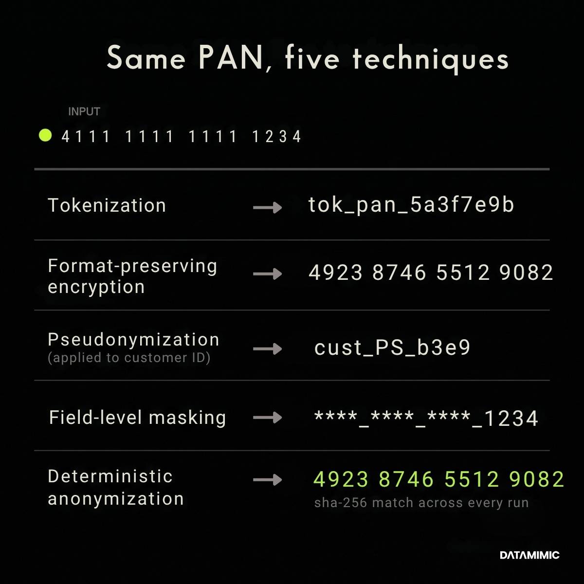 Comparison of PAN data protection techniques including tokenization, format-preserving encryption, pseudonymization, masking, and deterministic anonymization.