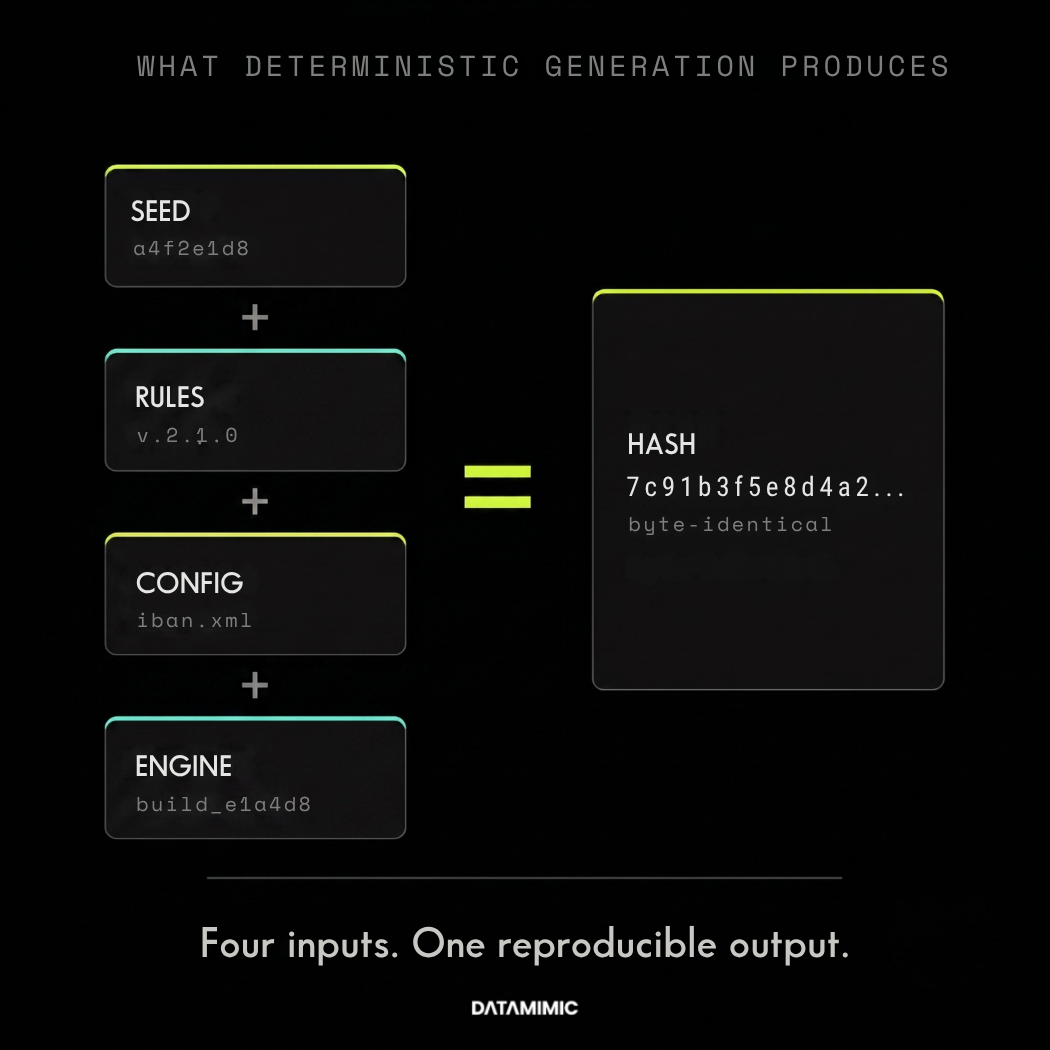 Diagram showing deterministic generation inputs: seed, rules or model version, configuration, and engine version.