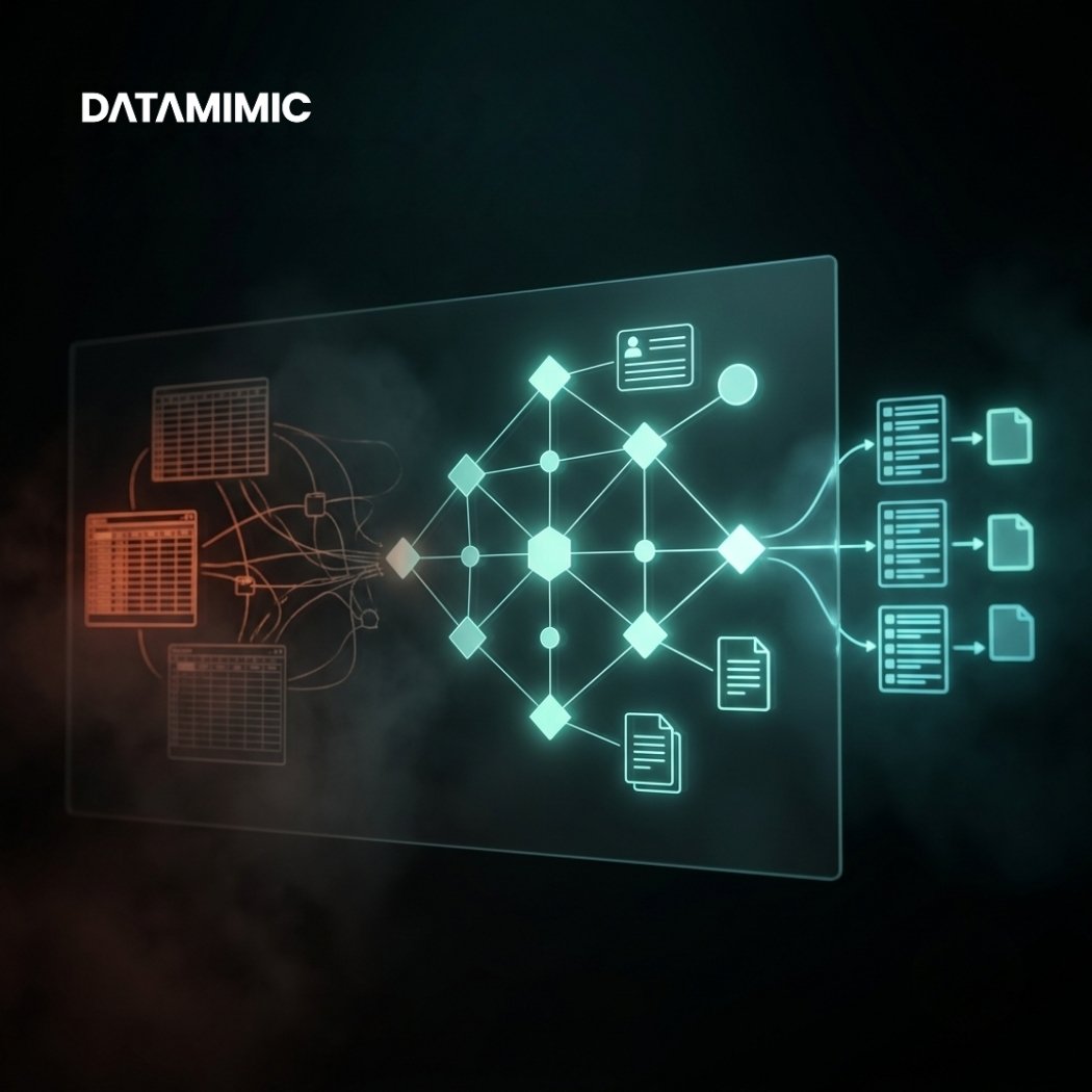 A futuristic holographic data architecture displayed in a dark enterprise technology environment. On the left, faded legacy spreadsheet systems and tangled connections glow in dim orange, transitioning into a centralized teal data model composed of interconnected nodes and healthcare record icons. The model powers an automated data-processing pipeline that outputs structured data through multiple stages, symbolizing the modernization of legacy test-data generation into automated, model-driven workflows. The scene features cinematic lighting, volumetric haze, and a premium teal-and-orange technology aesthetic.