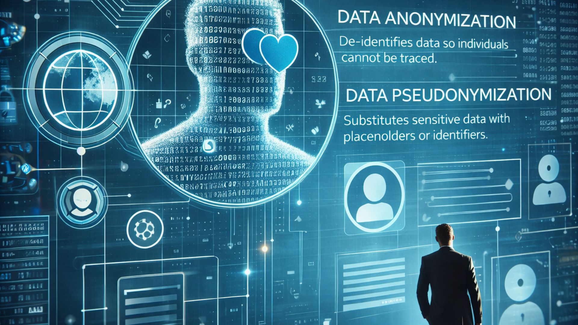 Futuristic data privacy illustration showing a glowing human silhouette made of encoded data beside interface panels labeled data anonymization and data pseudonymization, with user icons, security symbols, and a suited figure viewing the display.