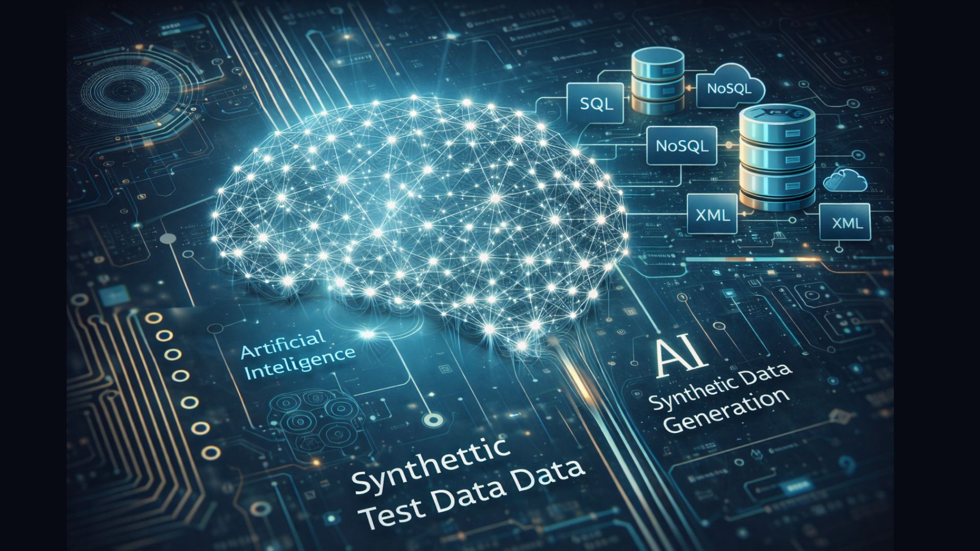 Glowing AI network brain on a dark blue circuit-board background, connected to labeled SQL, NoSQL, XML, and cloud database icons to illustrate AI-driven synthetic test data generation and flexible database integration.