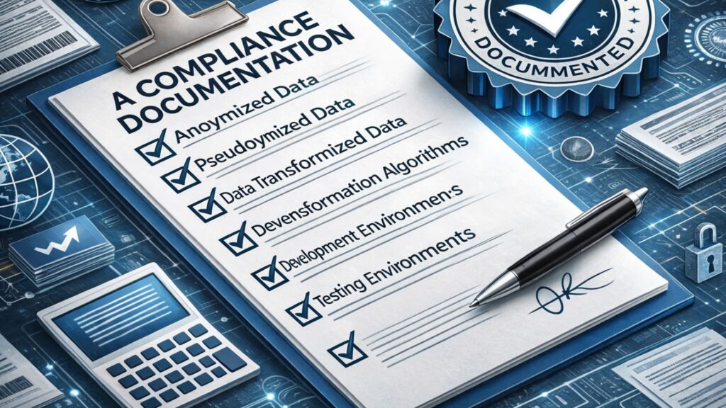 Top-down compliance documentation illustration showing a clipboard with a checked audit checklist, pen, calculator, charts, lock icon, and a compliance seal on a blue technology-themed desk background.