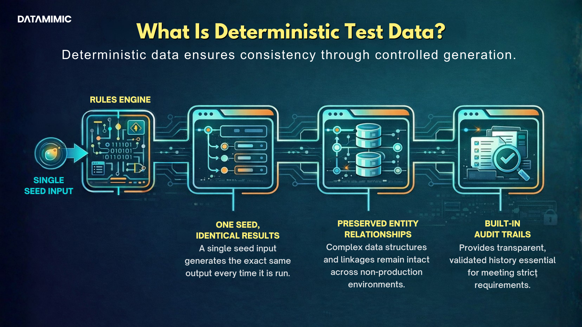 Blog banner about The core concept of deterministic test data generation involves using one rules engine and one seed input to consistently produce multiple identical, validated outputs. This process directs the generated data into a controlled non-production environment. Additionally, it focuses on maintaining structured payloads and preserving entity relationships, while providing audit trails that are especially important for regulated teams